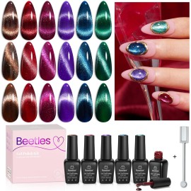Beetles Cat Eye Gel Nail Polish Set, 6 Colors Christmas Gel Polish Kit Glitter Red Pink Shiny Brown Burgundy Purple Blue Green Magnetic Effect Sparkle Stunning Soak Off UV Manicure Gifts for Women