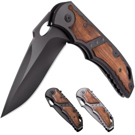 Black Pocket Knife for Men with Wood Handle - 5Cr15MoV Sharp Folding Blade - Tactical Knives for EDC Camping Hiking Huntinng Survival Work - Mens Gifts Ideas for Birthday Anniversary 97010 B