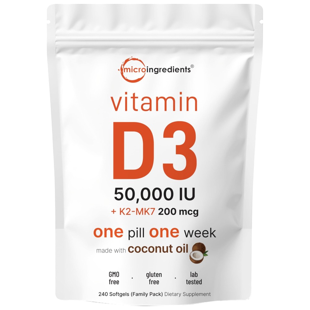 Micro Ingredients Vitamin D3 50,000 IU + K2 MK-7 200 mcg, 240 Softgels | Virgin Coconut Oil | 2-in-1 Bone, Immune & Heart Support | Easy to Swallow, Non-GMO