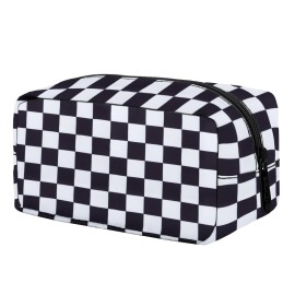 E-Tree Cute Makeup Bag,Medium Travel Make up Pouch for Purse,Zipper Toiletry Cosmetic Brush Skin Care Case for Women Man,Tech Electronic Organizer,Small Canvas Storage for Personal Items,Checkered
