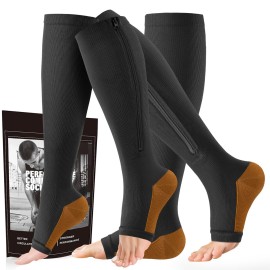 cerpite Zipper Compression Socks - 2 Pairs Open Toe Compression Stockings for Men Women 15-20mmHg,Suit for Running, Sport