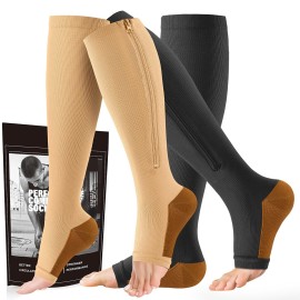 cerpite Zipper Compression Socks - 2 Pairs Open Toe Compression Stockings for Men Women 15-20mmHg,Suit for Running, Sport