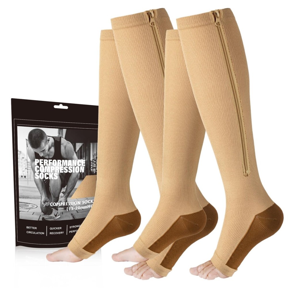 cerpite Zipper Compression Socks - 2 Pairs Open Toe Compression Stockings for Men Women 15-20mmHg,Suit for Running, Sport