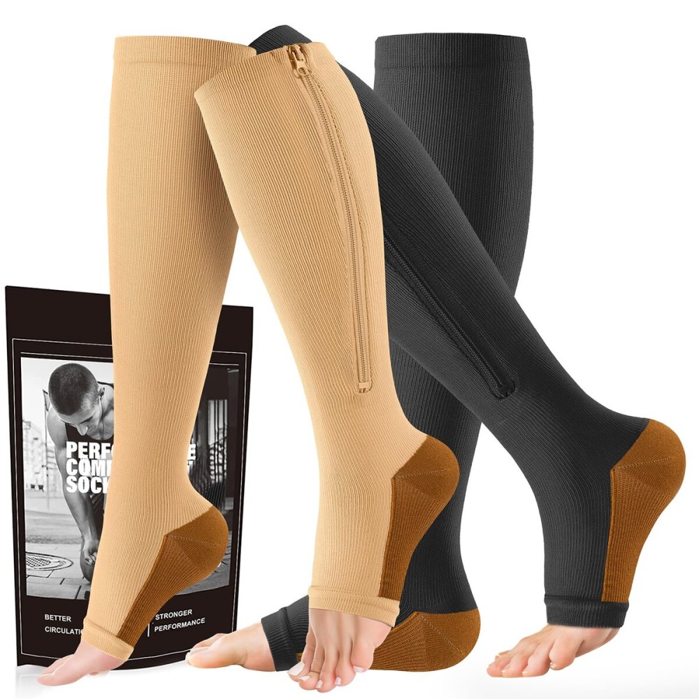 cerpite Zipper Compression Socks - 2 Pairs Open Toe Compression Stockings for Men Women 15-20mmHg,Suit for Running, Sport