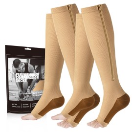 cerpite Zipper Compression Socks - 2 Pairs Open Toe Compression Stockings for Men Women 15-20mmHg,Suit for Running, Sport
