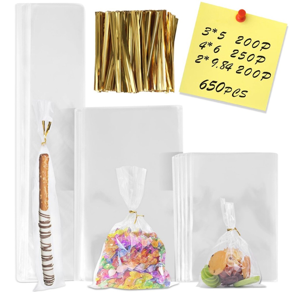 650 PCS Clear Flat Cellophane Treat Bags, 3x5,4x6,9.84x2 Cellophane Bags with Ties, Clear Gift Bags for Party Favors, Pretzel Rods, Bakery, Cookies, Candies, Dessert