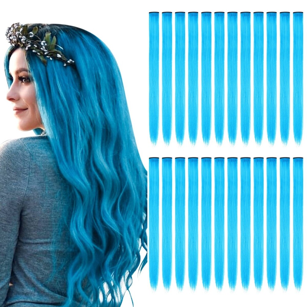 Kyerivs 24PCS Blue Hair Extensions for Girls 20Inch Rainbow Clip in Straight Synthetic Hairpieces Stocking Stuffers for Girls Party Highlights Colorful Hair Accessories Halloween Gifts for Women