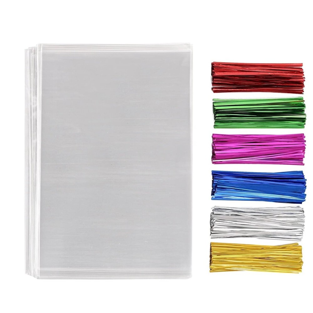 MoloTAR 200 Pcs 6 in x 8 in(1.4mil.) Clear Flat Cello Cellophane Treat Bags Good for Bakery, Cookies, Candies,Dessert with five random color Twist Ties!