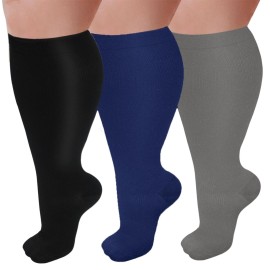 3 Pairs Plus Size Compression Socks for Women and Men Wide Calf 20-30mmhg Extra Large Knee High Support for Circulation