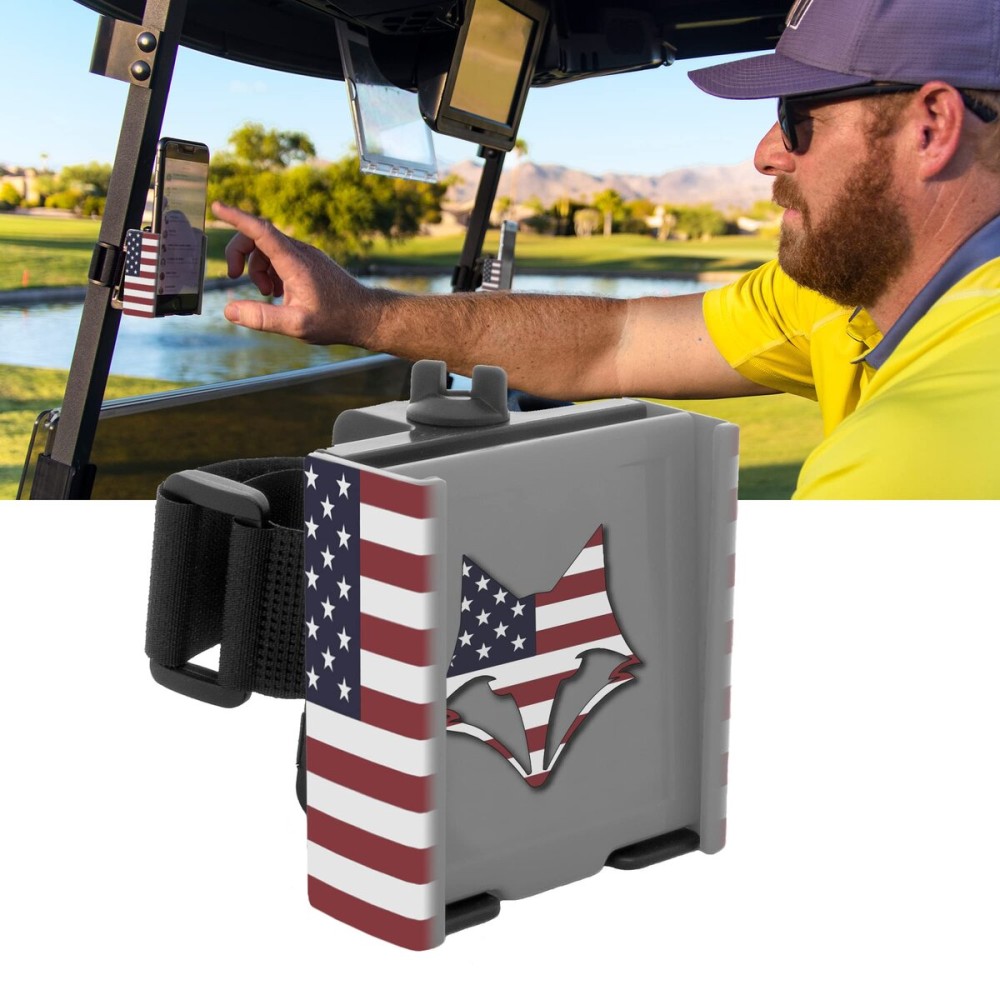 DESERT FOX GOLF Phone Caddy - Adjustable Golf Cart Phone Holder with Secure Strap for Hands-Free GPS & Golf Apps - Universal Fit - Patriotic Flag