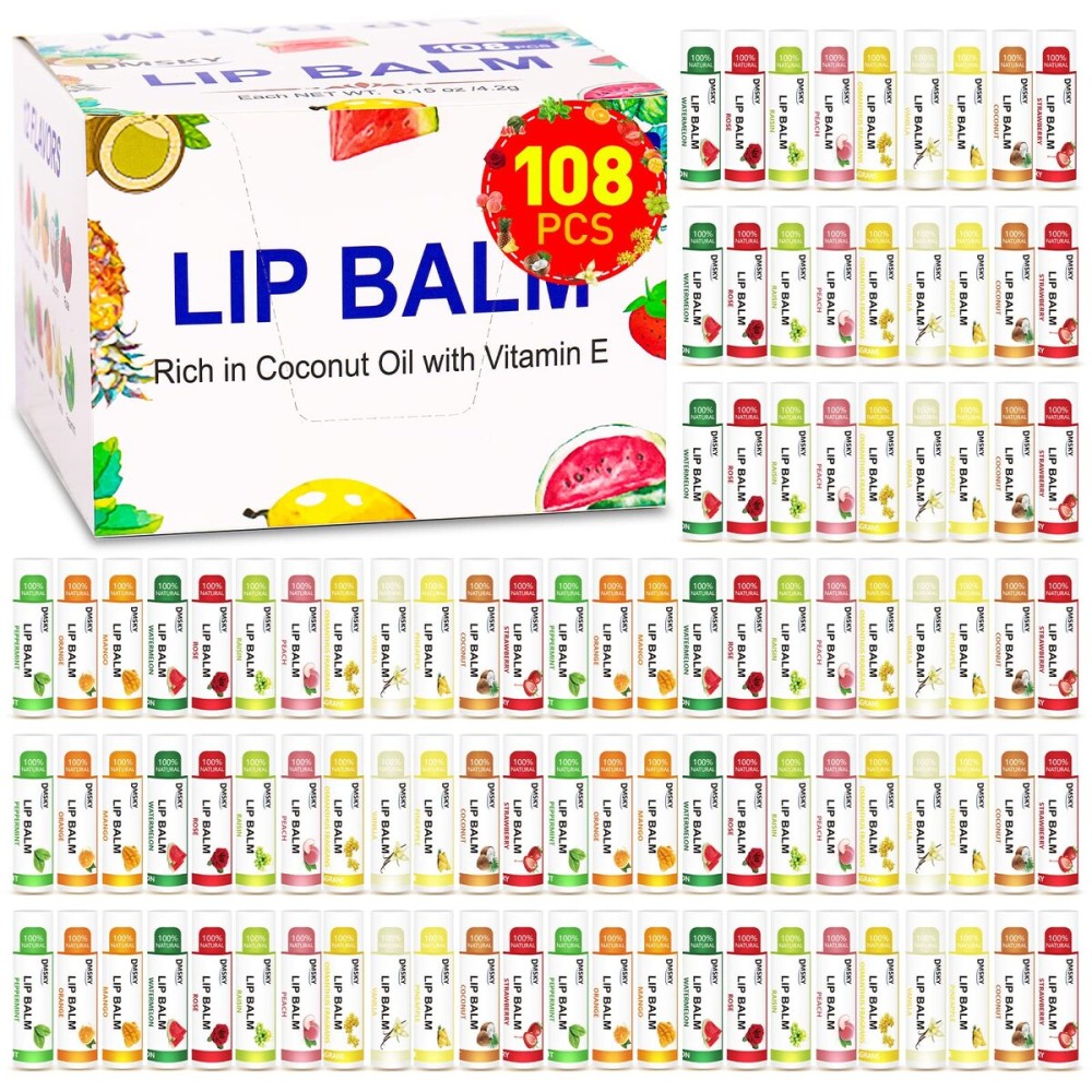 DMSKY 108 Pack Lip Balm, Natural Lip Balms Bulk with Vitamin E and Coconut Oil, Moisturizing Lip Balms for Chapped Lips, Bulk Lip Balm for Women-12 Flavors