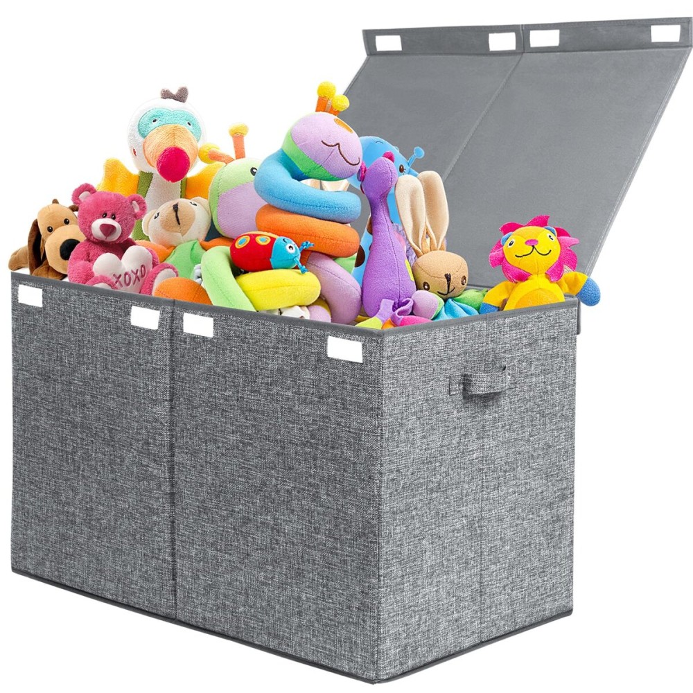 122L Large Toy Chest Box with Lid, Foldable Toy Storage Organizer Bin Boxes with Removable Divider for Kids, Boys, Girls, Nursery, Playroom, 26x17 x17(Linen Gray)