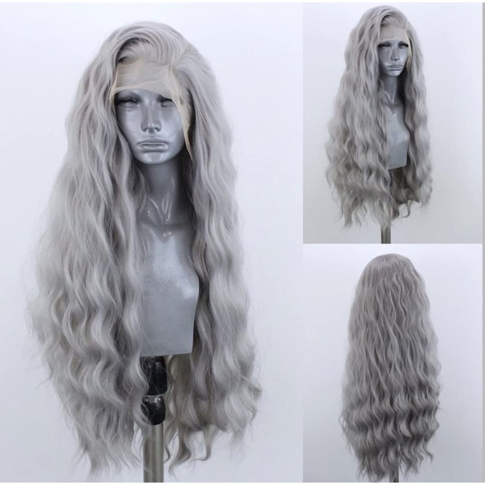 WXHWCX Grey Long Curly Synthetic Lace Front Wigs for Women Middle Part Natural Hairline Lace Wigs Daily Party Use