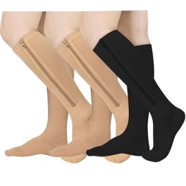 Athbavib 3 Pairs Zipper Compression Socks, 15-20 mmHg Closed Toe Compression Stocking with Zipper for Women and Men