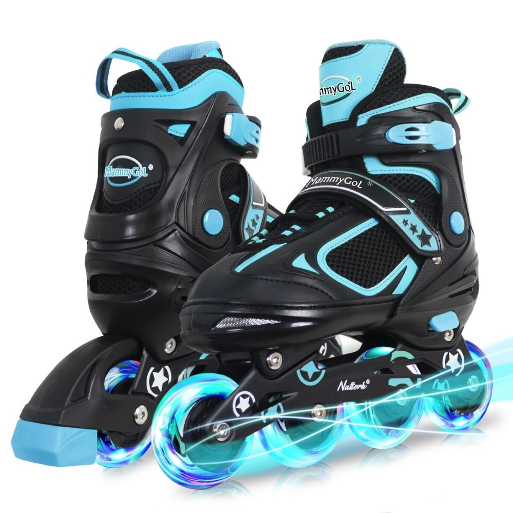 MammyGol Adjustable Inline Skates for Boys Girls Kids Youth with Light up Wheels, Teal Beginner Blades Roller Skates for Boys Size 1 2 3 4 Ages 6-12