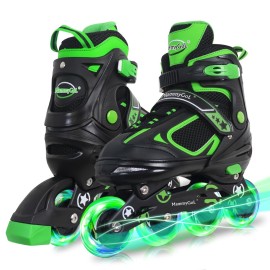 MammyGol Adjustable Inline Skates for Boys Girls Kids Youth with Light up Wheels, Green Beginner Blades Roller Skates for Boys Size 1 2 3 4 Ages 6-12