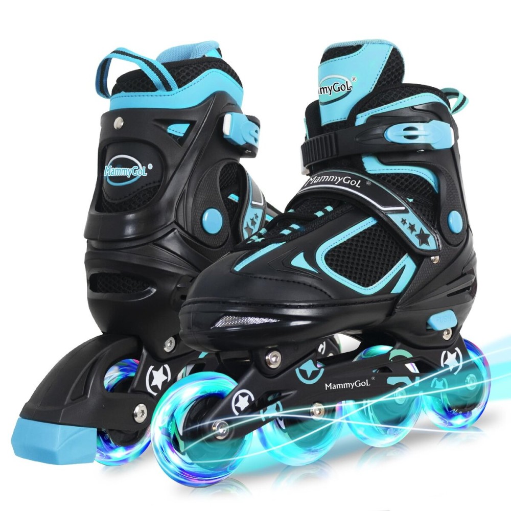 MammyGol Adjustable Inline Skates for Boys Girls Kids Youth with Light up Wheels, Teal Beginner Blades Roller Skates for Boys Size 10 11 12 13 Ages 6-12