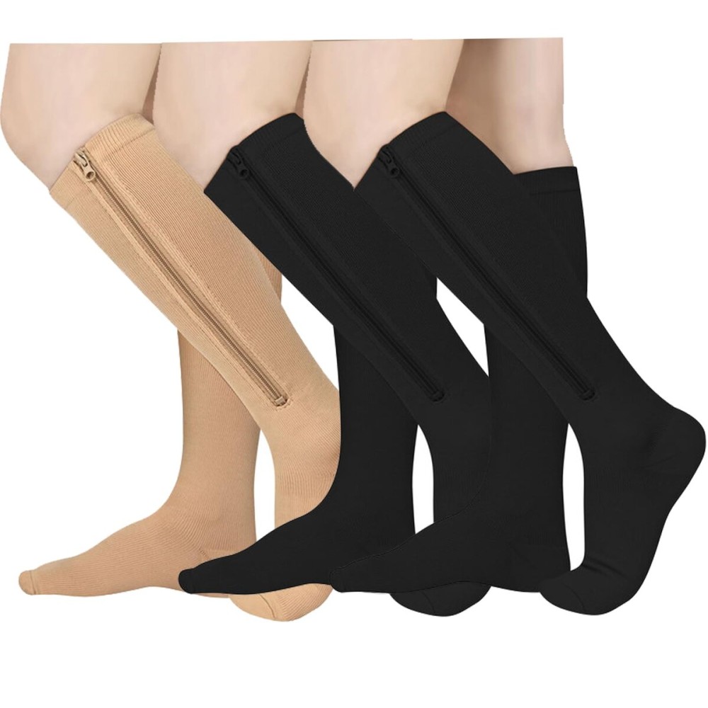 Athbavib 3 Pairs Zipper Compression Socks, 15-20 mmHg Closed Toe Compression Stocking with Zipper for Women and Men