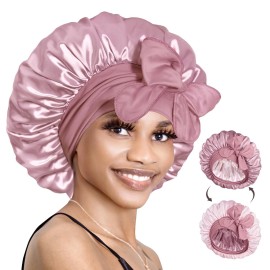 BONNET QUEEN Silk Hair Wrap Reversible Double Layer Satin Tie Sleep Night Cap for Curly Hair Tan Pink