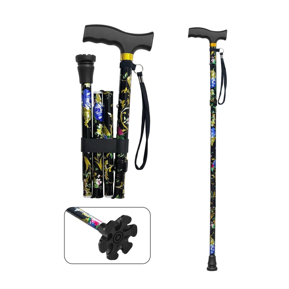 LIXIANG Walking Cane with Replacement Base-Folding Cane,Adjustable Colorful Walking Stick for Men & Women with Comfortable T-Handle,Stylish Balancing Mobility Aid,Black Flower