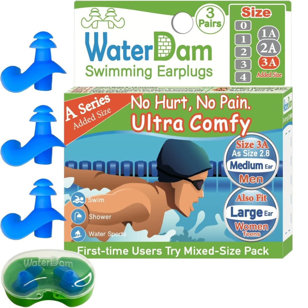 WaterDam A-Series Swimming Ear Plugs Ultra Comfy Great Waterproof Earplugs - Size 3A (Blue) Great for Narrow Ears Like Size 2.8 - Medium Ear Men & Large Ear Teens&Women