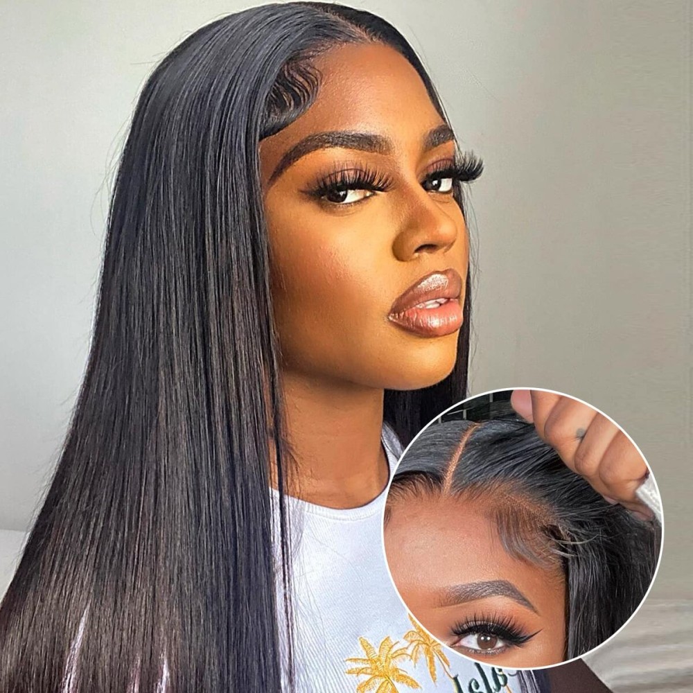FACMOOD Real Wear and Go Glueless Wig Human Hair Straight, 6x4 Pre-Cut Lace Glueless Wigs Pre-Plucked, HD Transparent No Glue Lace Front Closure Wigs for Women 200% Density 20 inch