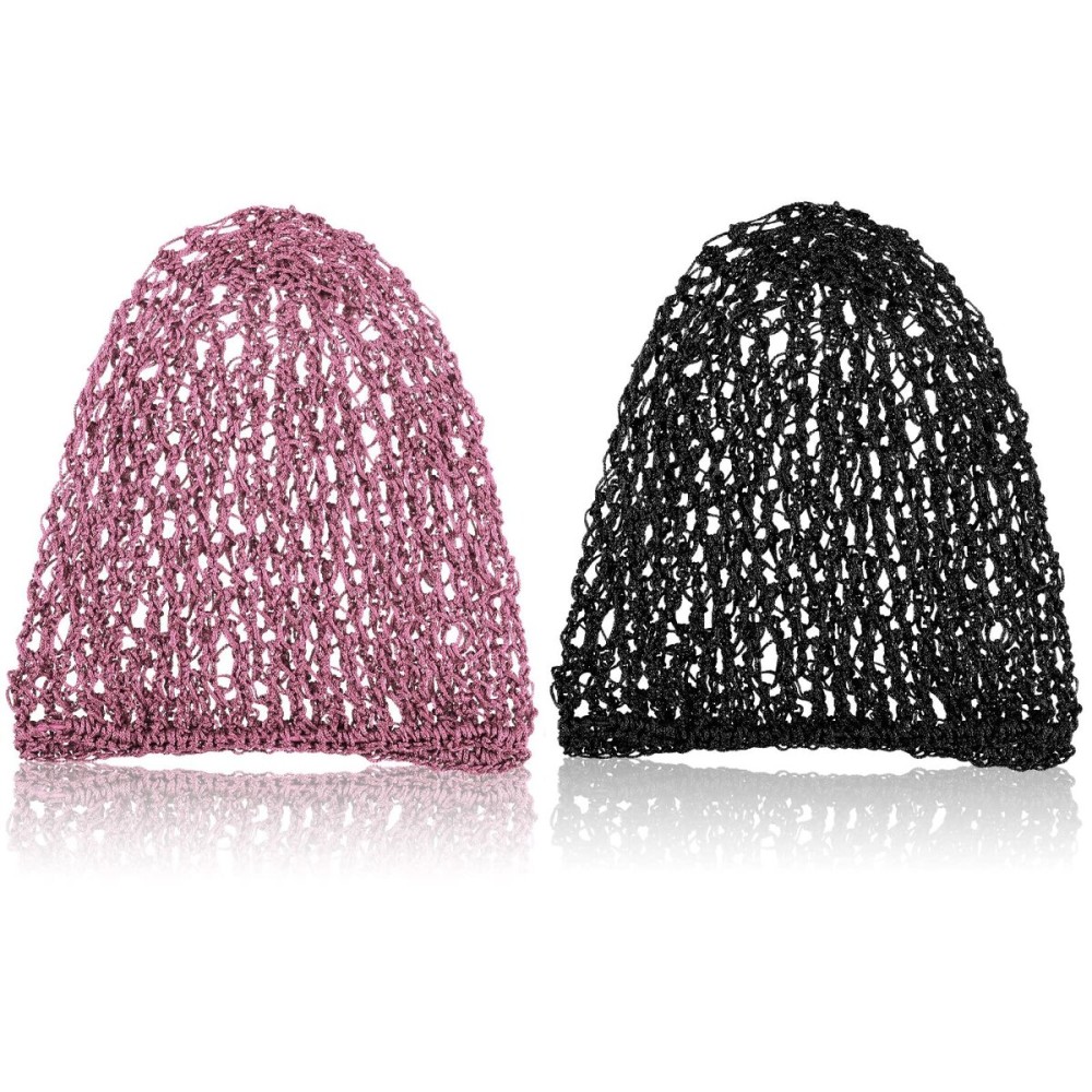 Waydress 2 Pieces Mesh Hair Net Rayon Knit Snood Women Crocheted Sleep Cap (Black and Pink)