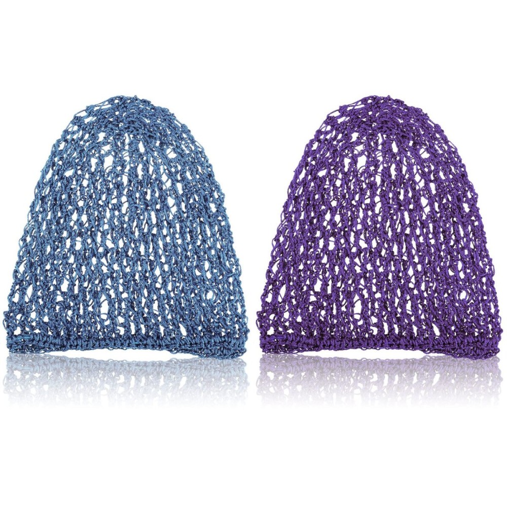 Waydress 2 Pieces Mesh Hair Net Rayon Knit Snood Women Crocheted Sleep Cap (Purple and Blue)