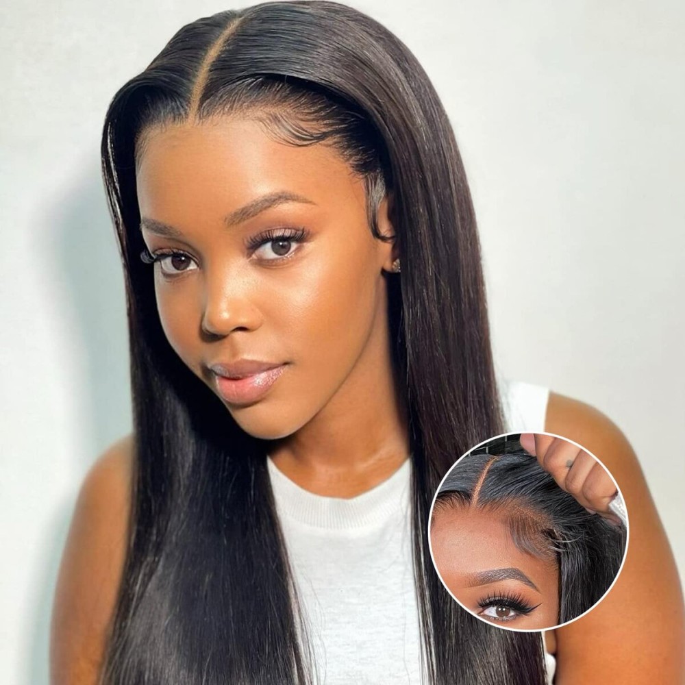 FACMOOD 6x4 HD Lace Wear and Go Glueless Wig Human Hair Pre-Plucked, Pre-Cut Lace Glueless Wigs, No Glue Lace Front Closure Wig Straight, 200% Density, 22 inch
