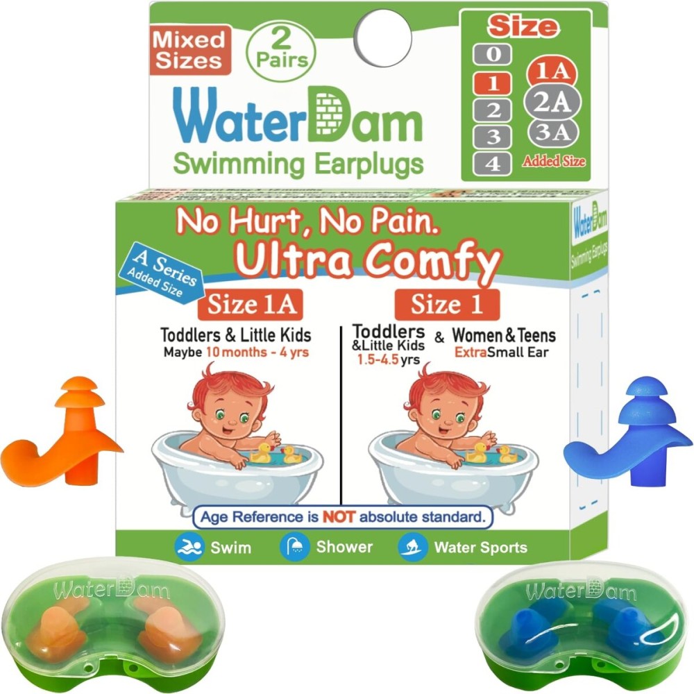 WaterDam A-Series Swimming Ear Plugs Ultra Comfy Great Waterproof Earplugs (Mixed Sizes, Size 1A+1: Toddler Little Kids 10m-6yrs & ExtraSmall Ear Women&Teens)