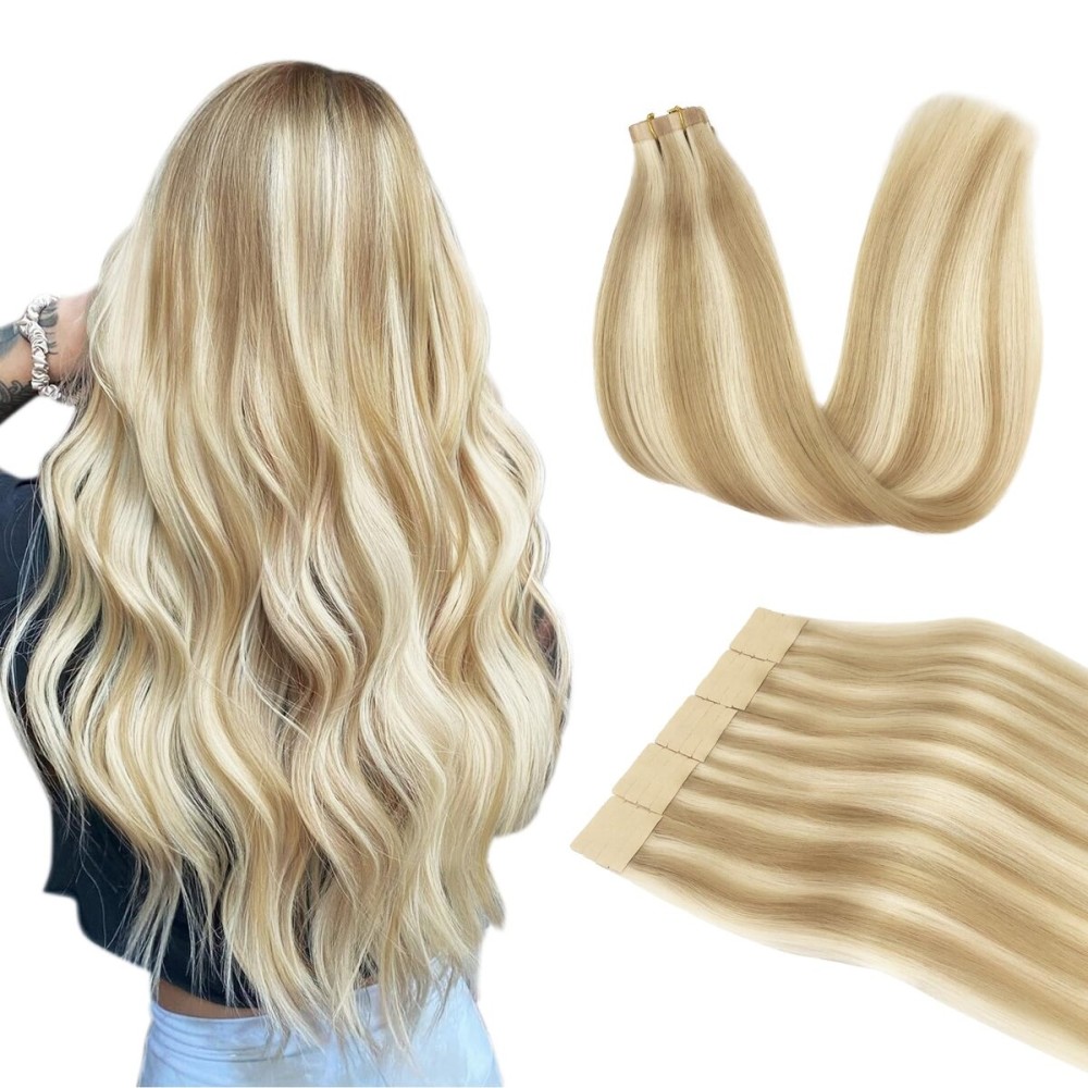 DOORES Tape in Hair Extensions Real Human Hair, Dark Blonde Highlighted Bleach Blonde 14 Inch 50g 20pcs, Human Hair Extensions Tape in Remy Straight Hair Seamless