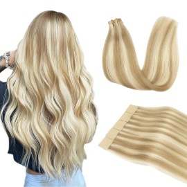 DOORES Tape in Hair Extensions Real Human Hair, Dark Blonde Highlighted Bleach Blonde 14 Inch 50g 20pcs, Human Hair Extensions Tape in Remy Straight Hair Seamless