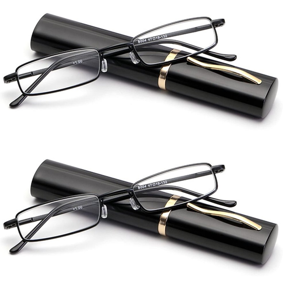 Viseng Slim Mini Metal Reading Glasses Compact Lightweight Portable Readers with Glasses Case for Reading Case,Black+Black+1.0
