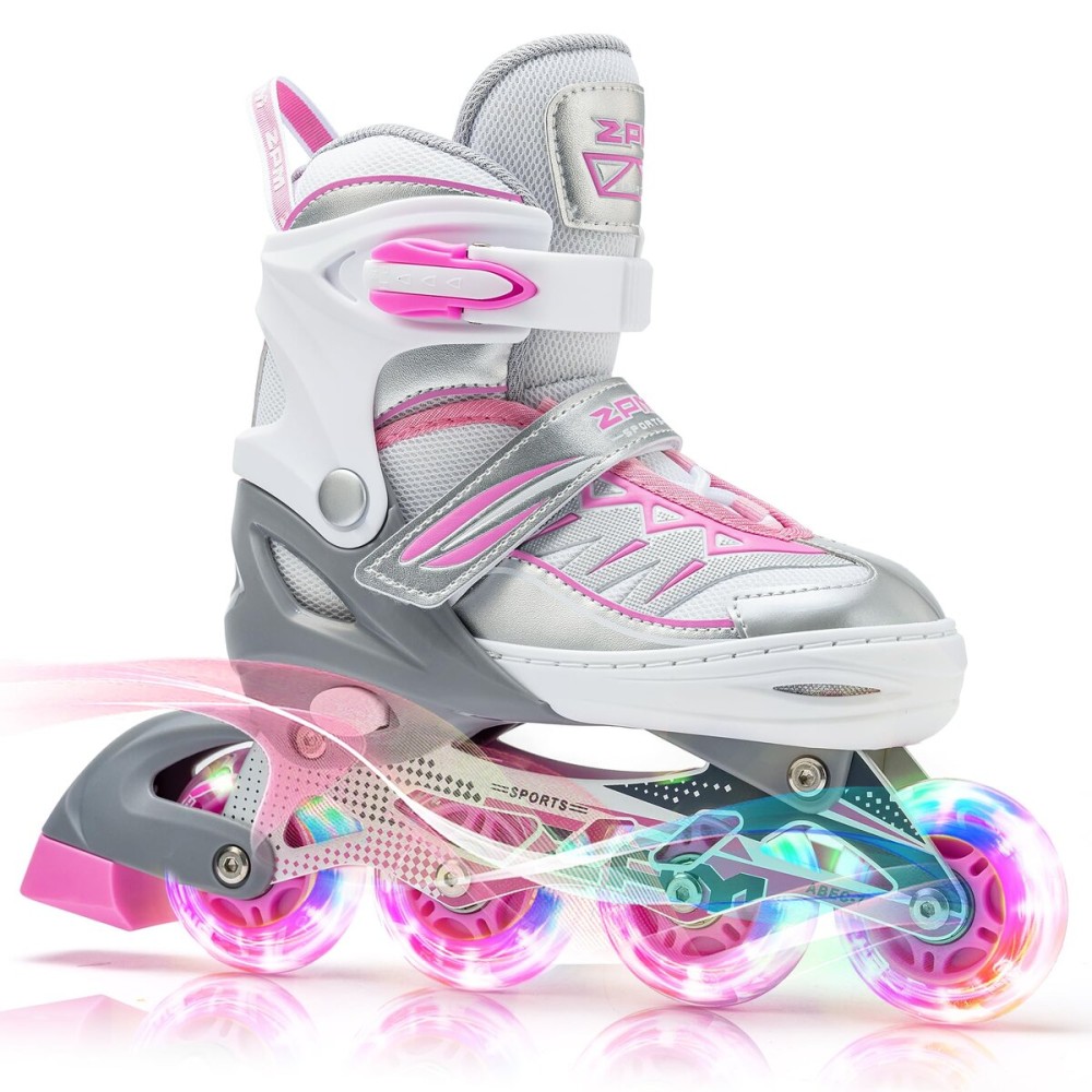 2PM SPORTS Cytia Pink Girls Adjustable Illuminating Inline Skates with Light up Wheels, Fun Flashing Beginner Roller Skates for Kids (Silver, Large - Youth (3-6 US))