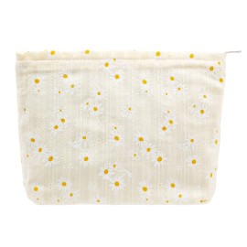 PAZIMIIK Floral Makeup Bag Large Cotton Zipper Pouch for Purse Travel Canvas Make Up Organizer for Women Cosmetic,Daisy Beige