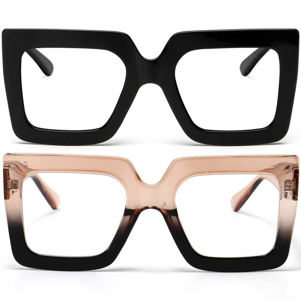 AIEYEZO Oversized Square Blue Light Glasses for Women Cute Big Frame Glasses Fashion Clear Multi-Color Computer Eyewear (Black + Champagne Black)