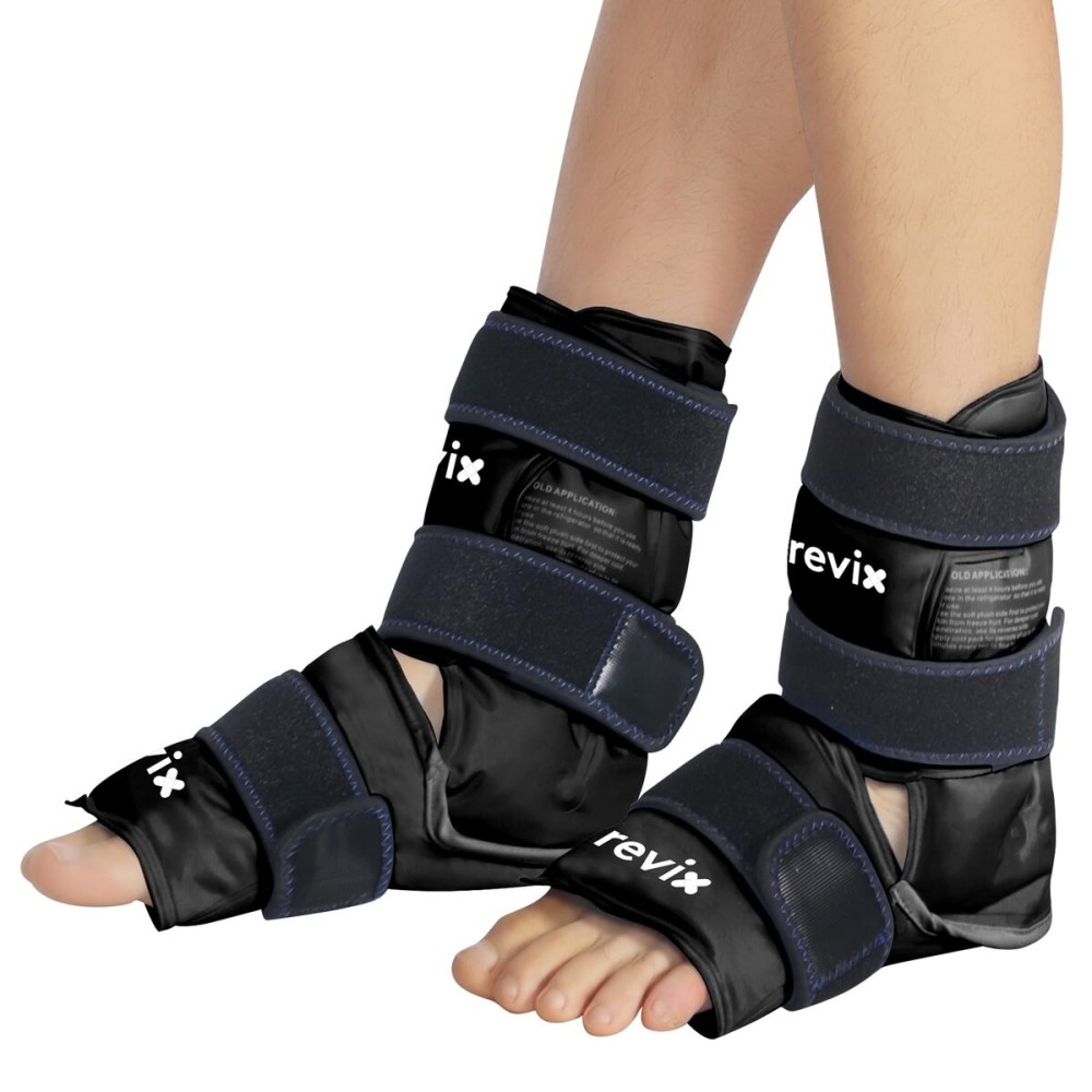 REVIX Ice Packs for Ankle Injuries Reusable, Ankle Ice Wrap with Cold Compression for Feet Pain Relief, Plantar Fasciitis and Achilles Tendonitis, Soft Plush Lining, 2 Packs, Black