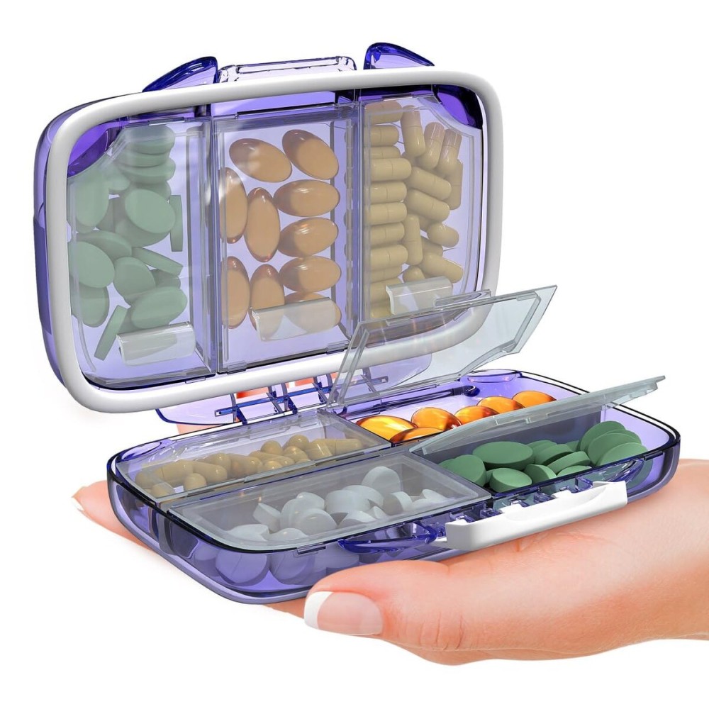 Travel Pill Organizer - Moisture Proof Portable Vitamin Holder with 7 Compartments, Compact Supplement Case for Purse Essential Medicine Kit fot Traveling Pocket Pharmacy with Labels, Purple