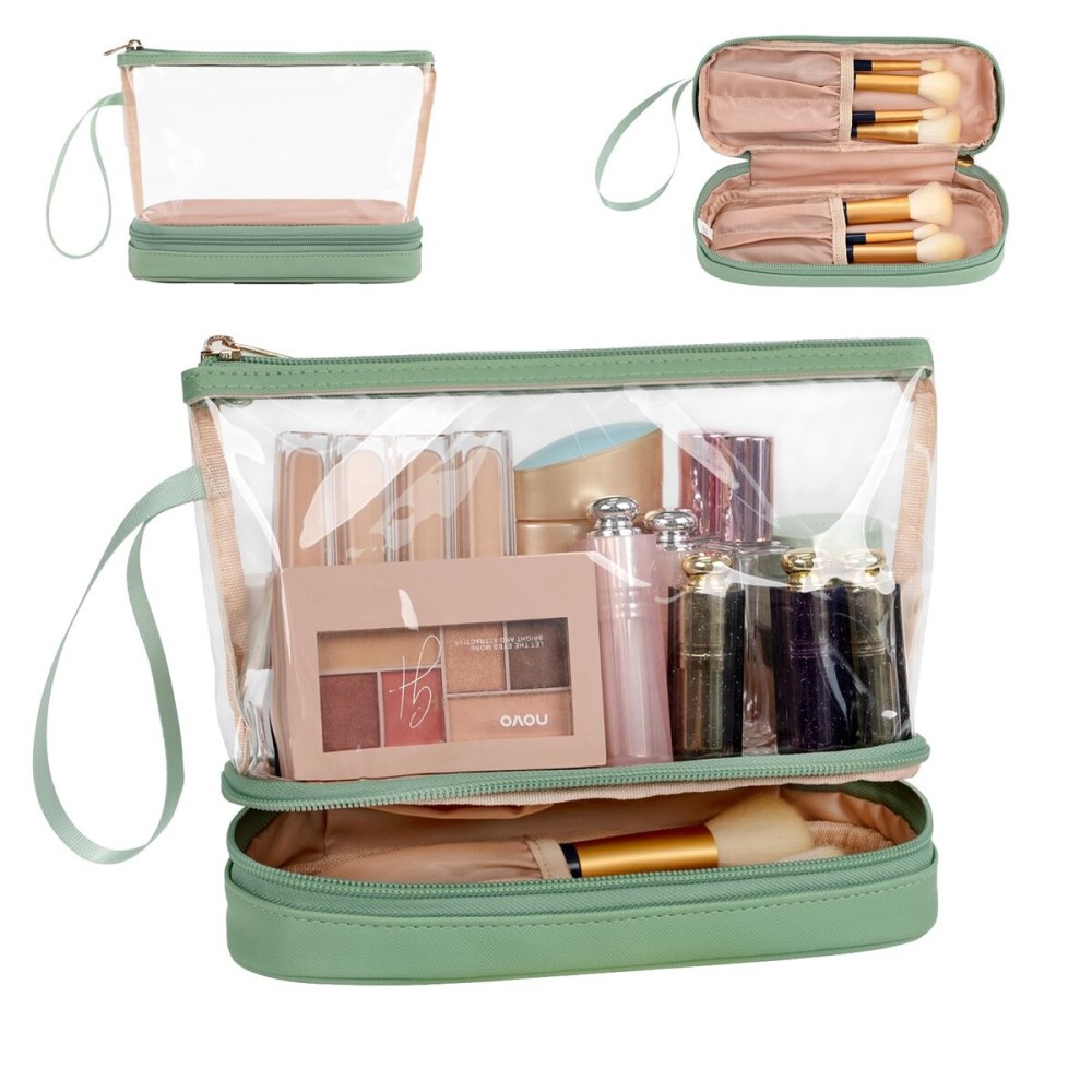 Ethereal Clear Makeup Bag, Green TSA Approved Toiletry Bag with Brushes Compartment Small Travel Make up Bags for Women