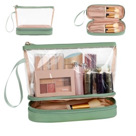 Ethereal Clear Makeup Bag, Green TSA Approved Toiletry Bag with Brushes Compartment Small Travel Make up Bags for Women
