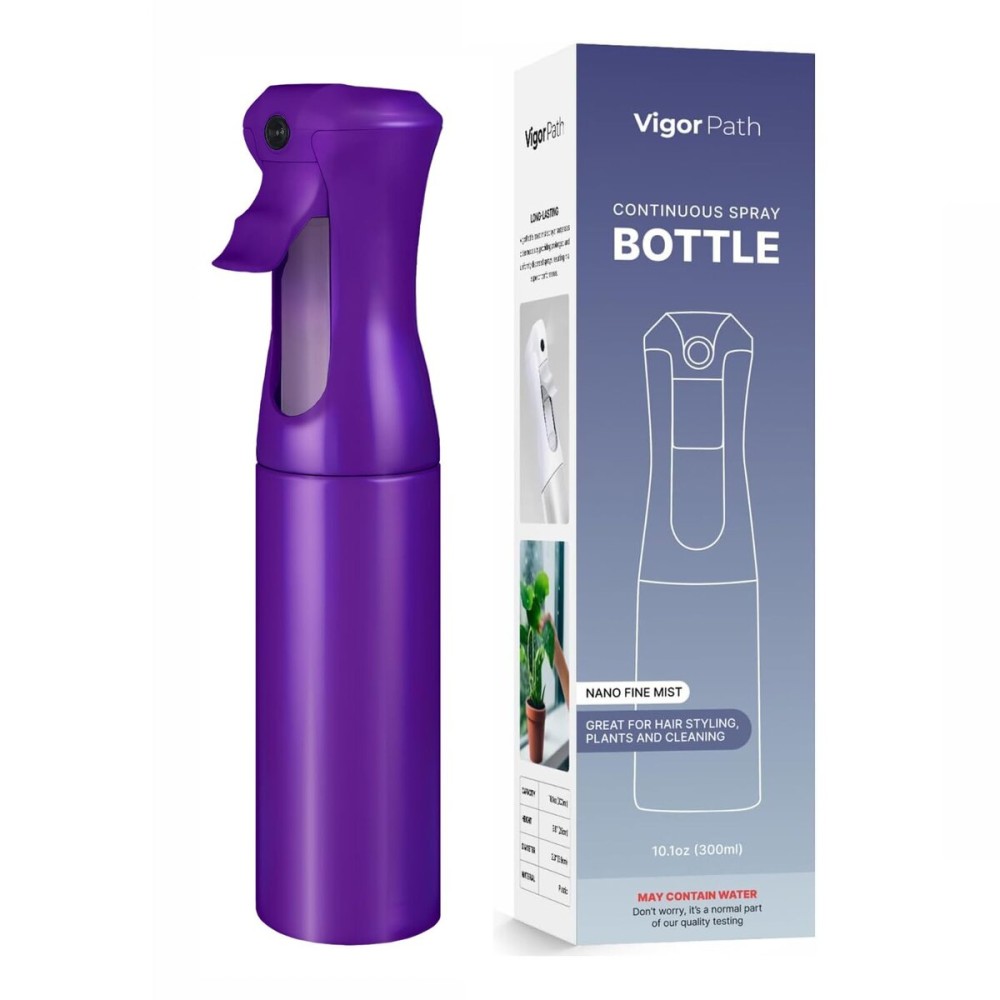 VIGOR PATH Continuous Spray Bottle for Hair - Fine Mist Mister for Hairstyling, Cleaning, Plants, Pets, Barbers, Salons, and Essential Oil Applications (300ml/10.1 oz) Dark Purple