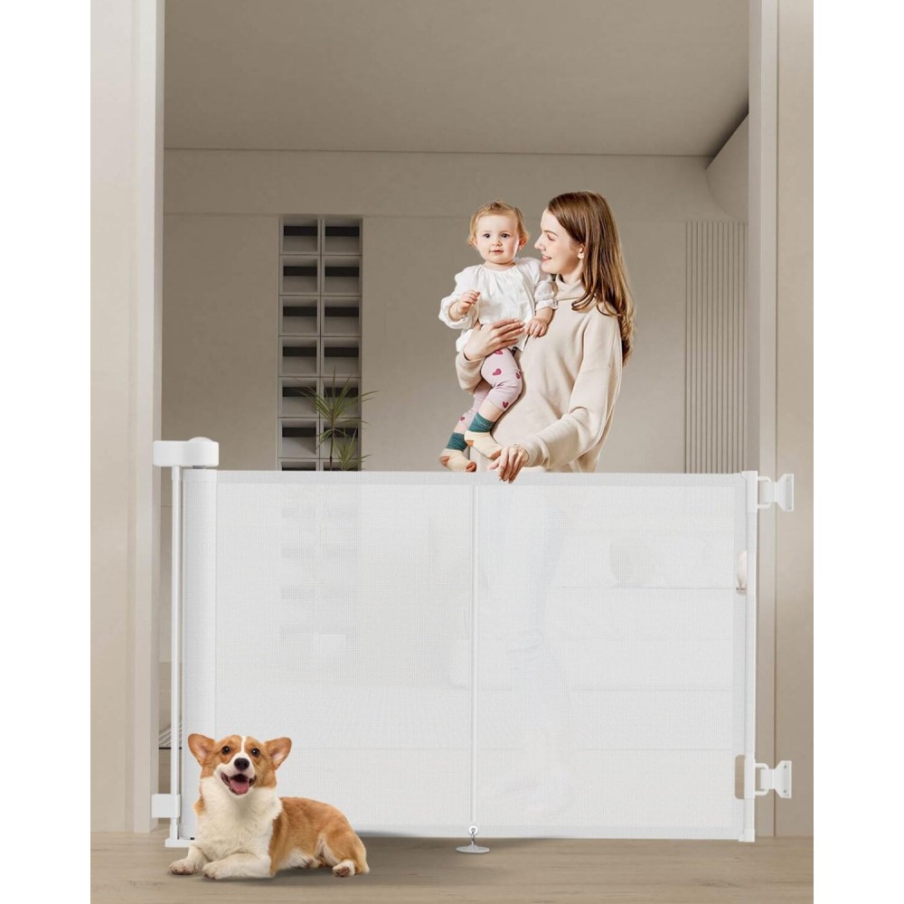 Miumoon 59 inch Retractable Baby Gates 34 inch Tall, Retractable Gate with Reinforced Strip Design to Prevent Crawling Through, 5 FT Retractable Dog Gate for Stairs, Doorways, Hallways, Indoor/Outdoor