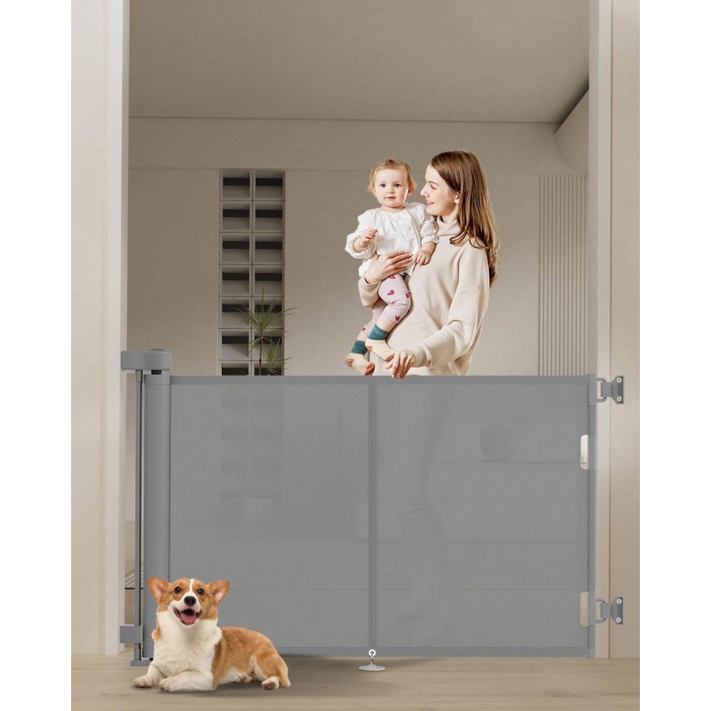 Miumoon 59 inch Retractable Baby Gates 34 inch Tall, Retractable Gate with Reinforced Strip Design to Prevent Crawling Through, 5 FT Retractable Dog Gate for Stairs, Doorways, Hallways, Indoor/Outdoor