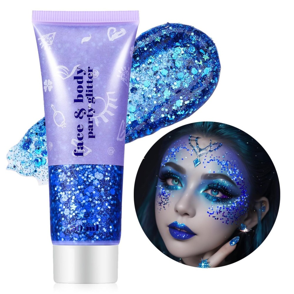 Go Ho Blue Face Body Glitter,Halloween Blue Face Paint Sparkling Mermaid Glitter Gel,Holographic Chunky Sequins Glitters for Eye Lip Hair Nails,Festival Rave Accessories