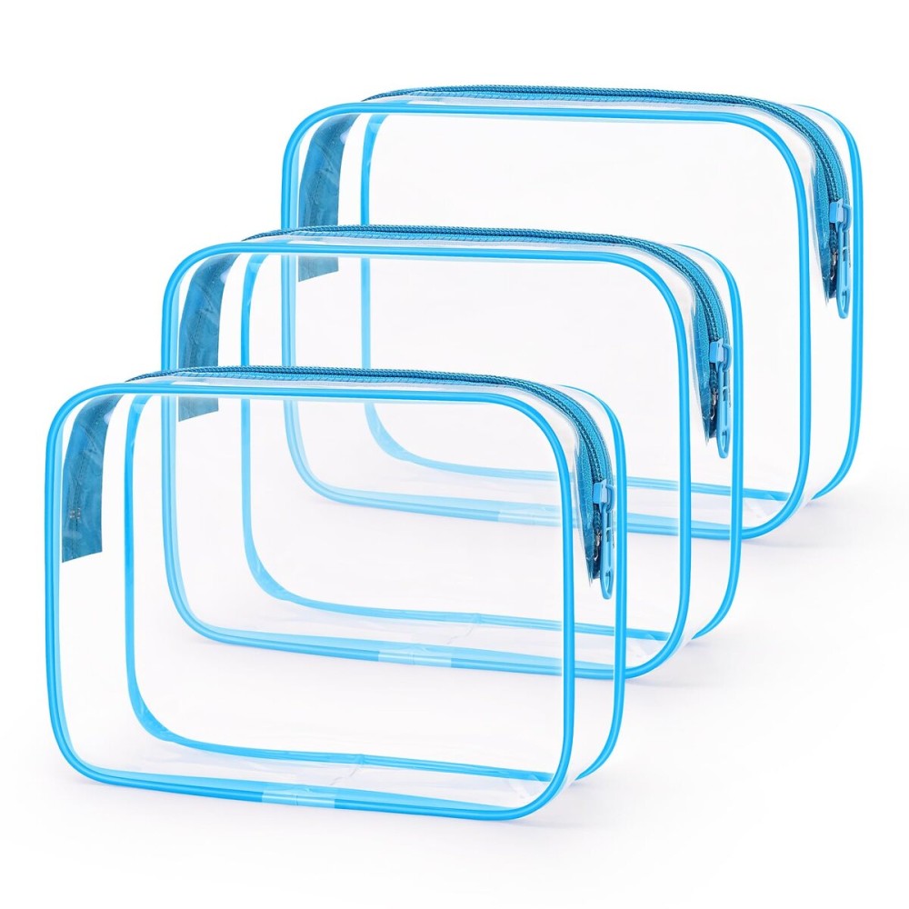 Wedama TSA Approved Toiletry Bag, Cosmetic Bags 3 Pack with Zipper Carry on Airline Airport Travel Accessories, PVC Makeup Bags for Travel, Quart Size Travel Bags for Men and Women-Sky Blue