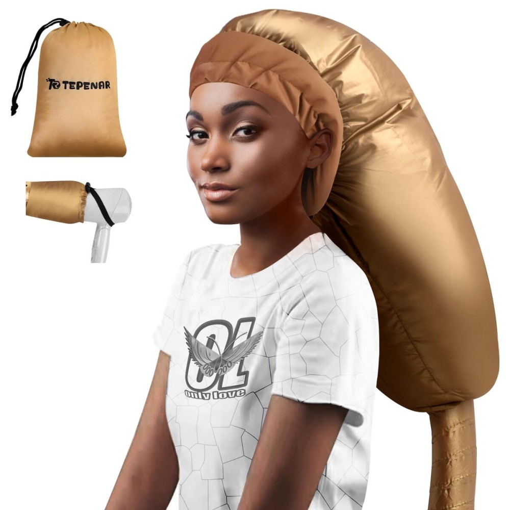 TEPENAR Hair Dryer Bonnet Attachment: Upgraded Extra Large Hooded Dryer Adjustable Hair Dryer Caps - Easy to Use for Natural Curly Textured Hair Care Styling Fast Drying - Gold