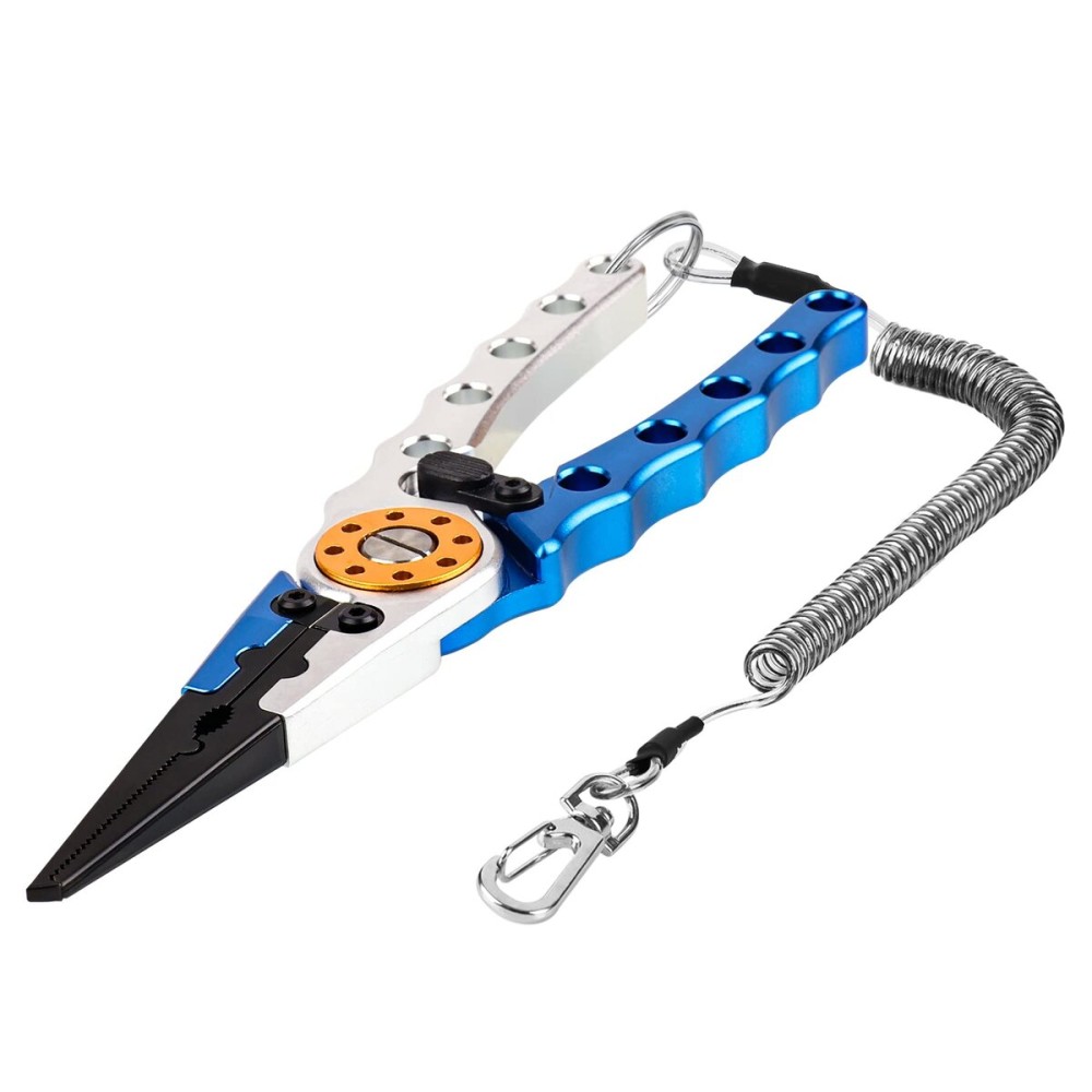 Booms Fishing X1 Aluminum Fishing Pliers Hook Remover, Braided Fishing Line Cutting and Split Ring Pliers with Coiled Lanyard and Sheath, Blue with Lock