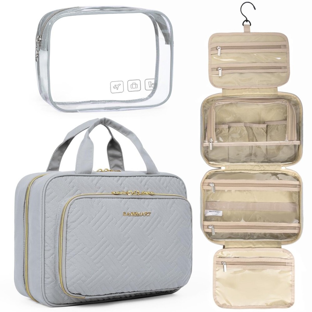 BAGSMART Toiletry Bag Hanging Travel Makeup Organizer with TSA Approved Transparent Cosmetic Bag Makeup Bag for Full Sized Toiletries, Medium-Grey