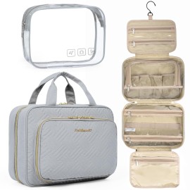 BAGSMART Toiletry Bag Hanging Travel Makeup Organizer with TSA Approved Transparent Cosmetic Bag Makeup Bag for Full Sized Toiletries, Medium-Grey