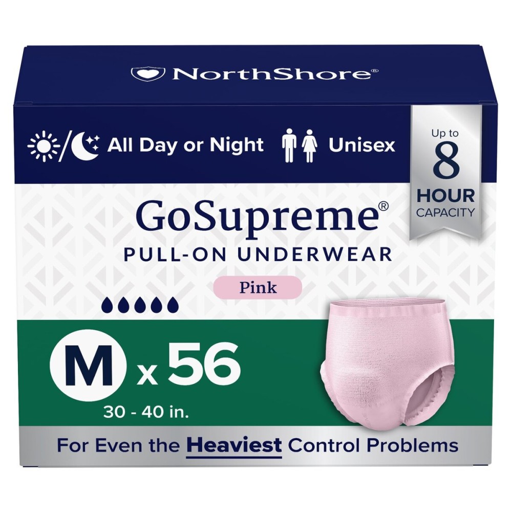 NorthShore GoSupreme Overnight Incontinence Underwear, 8-Hour Pullup Style, Medium, 56 Count Case, Pink, 30-40 inches, Unisex Adult Diapers